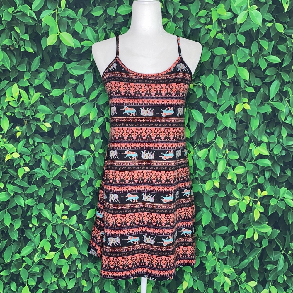 Boho Elephant Patterned Dress W/ Back Crisscross … - image 6